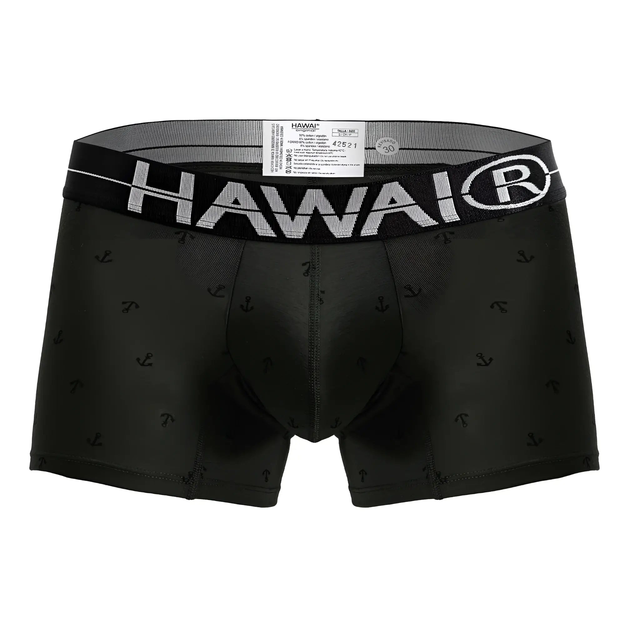 Black hawai men’s boxer briefs in military green cotton blend with subtle anchor pattern and white logo waistband