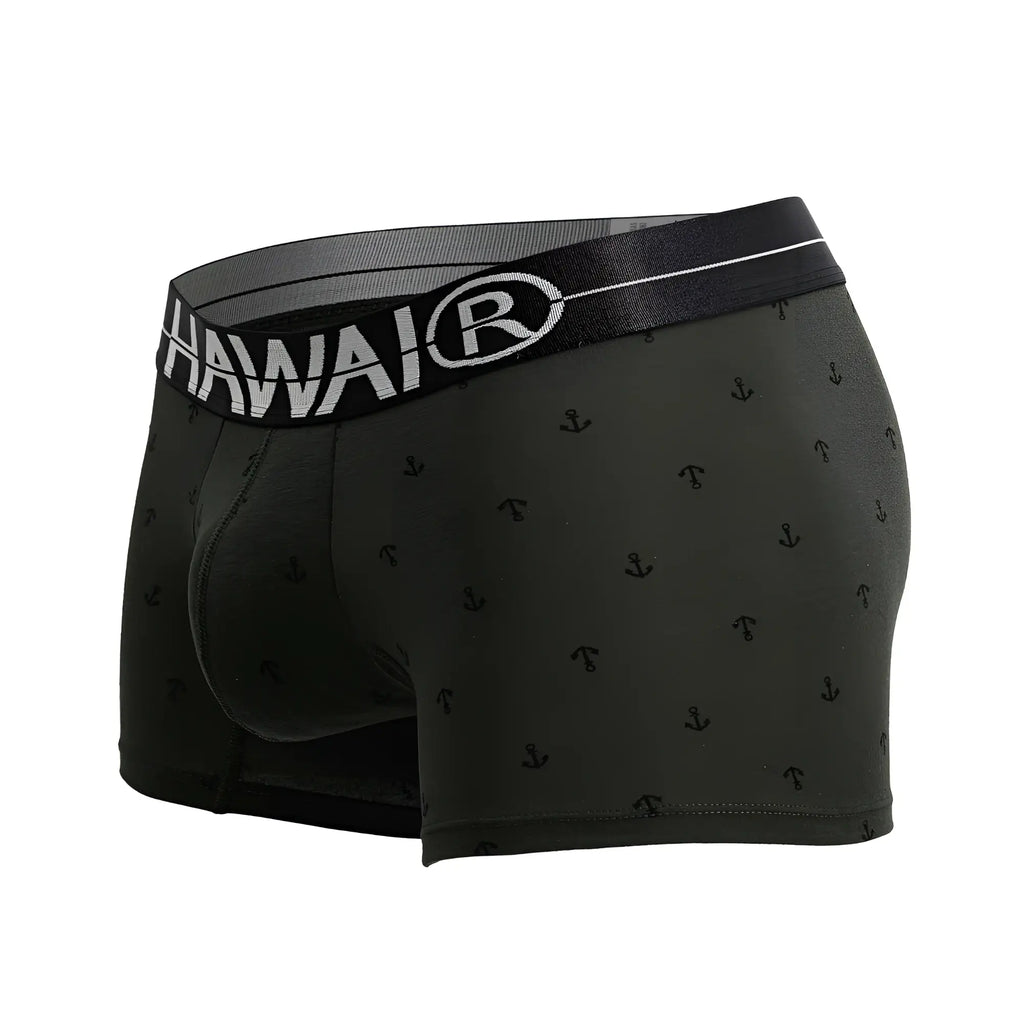 Black hawaiian men’s cotton blend boxer briefs in military green with subtle anchor pattern and branded waistband