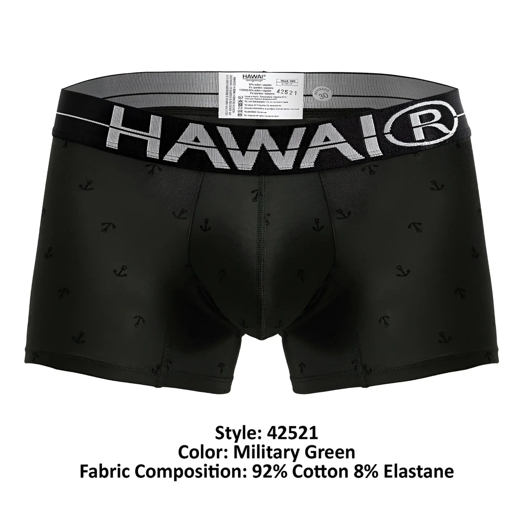 Black men’s boxer briefs in military green cotton blend with subtle anchor pattern and bold white hawai logo waistband