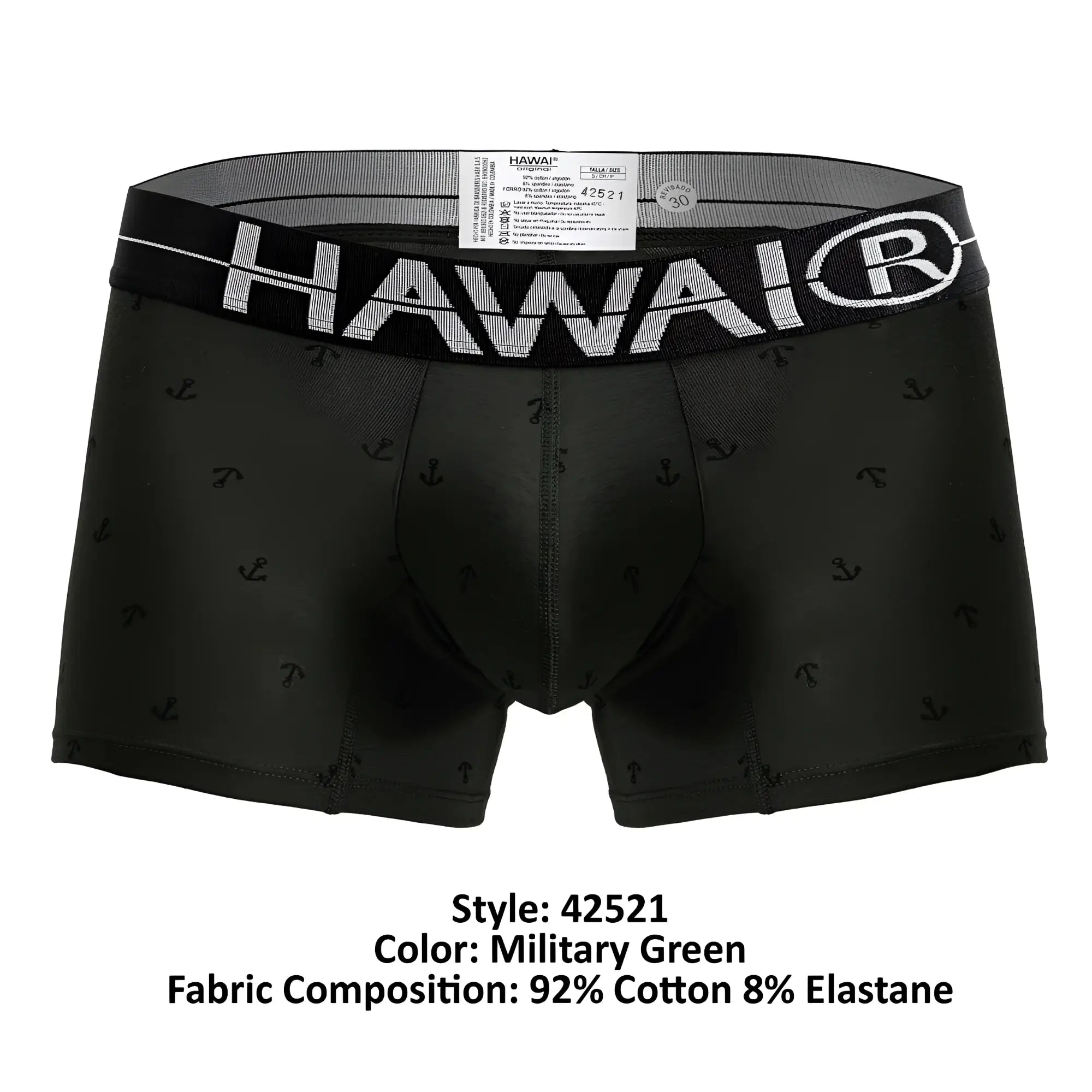 Black men’s boxer briefs in military green cotton blend with subtle anchor pattern and bold white hawai logo waistband