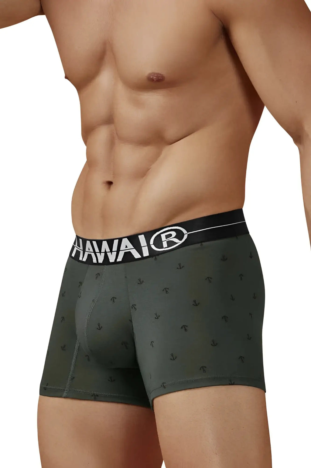 Dark green hawaii cotton blend trunks with anchor pattern and black waistband military green color