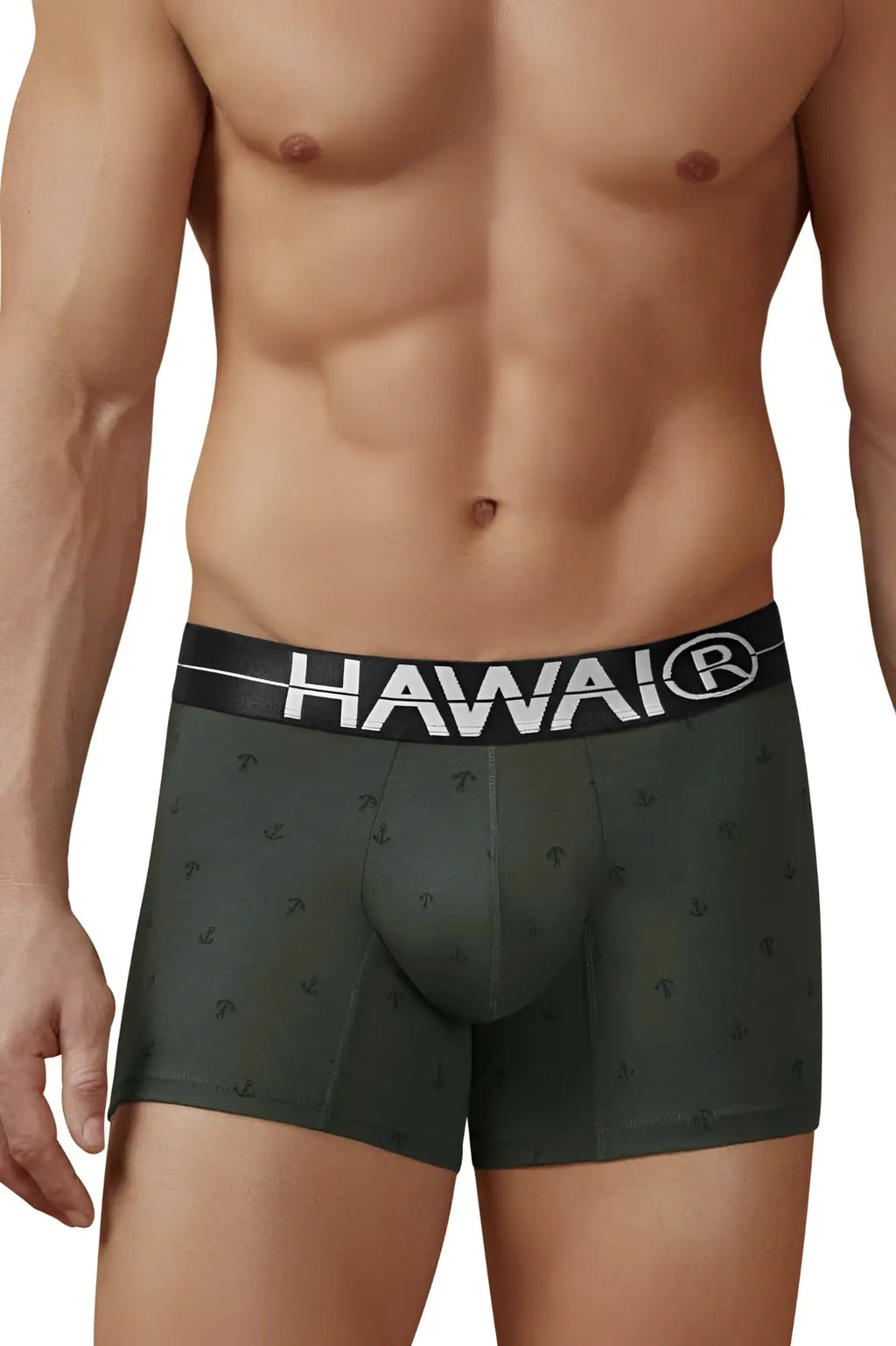 Dark green cotton blend boxer briefs with black waistband white hawaii logo and anchor patterns in military green