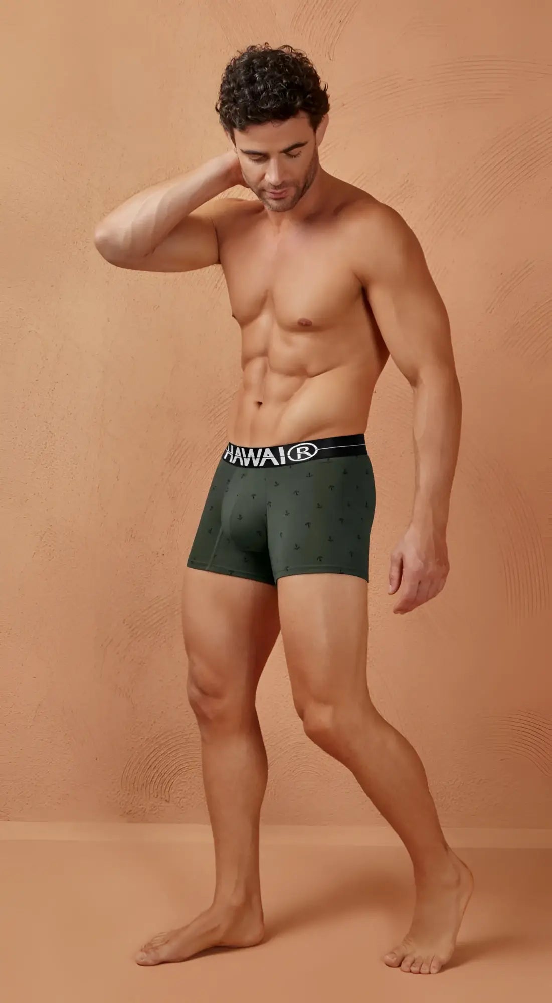 Dark green hawaiian boxer briefs with black waistband and hawair logo in cotton blend military green color