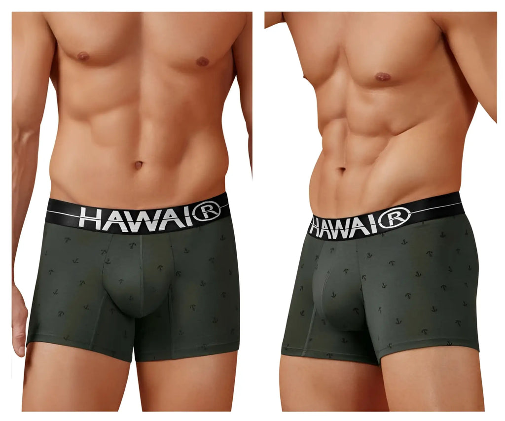 Dark green hawaiian men’s cotton blend boxer briefs with anchor pattern and black waistband featuring hawaii logo