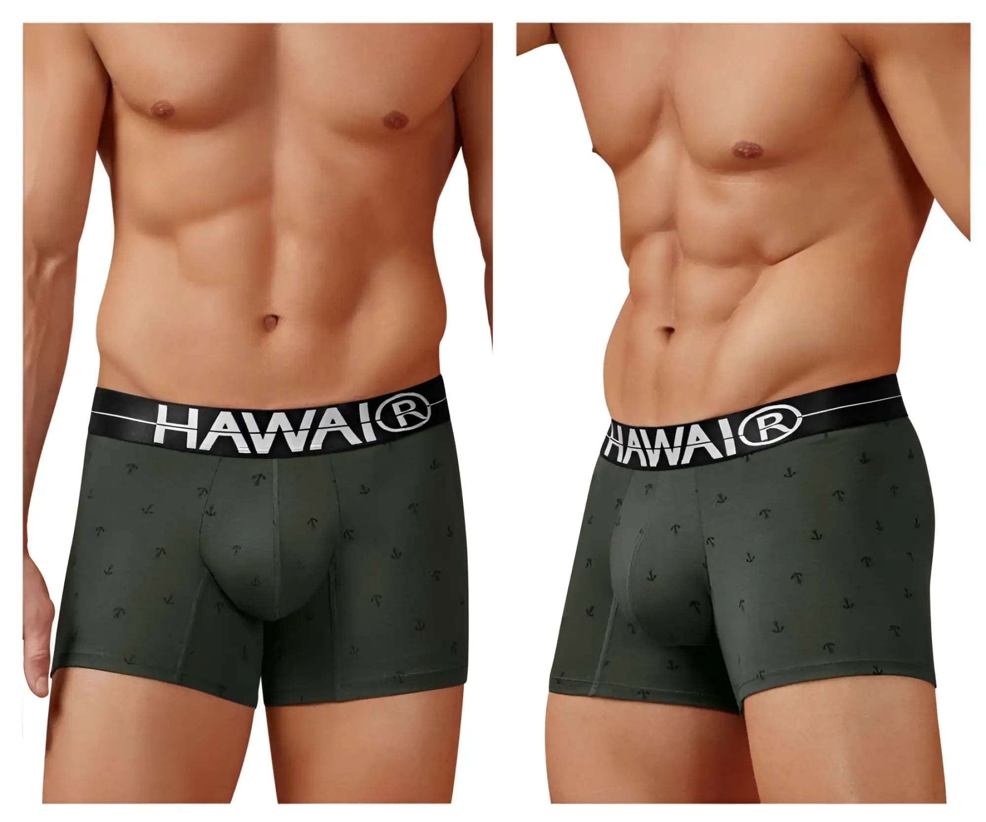 Dark green hawaiian men’s cotton blend boxer briefs with anchor pattern and black waistband featuring hawaii logo