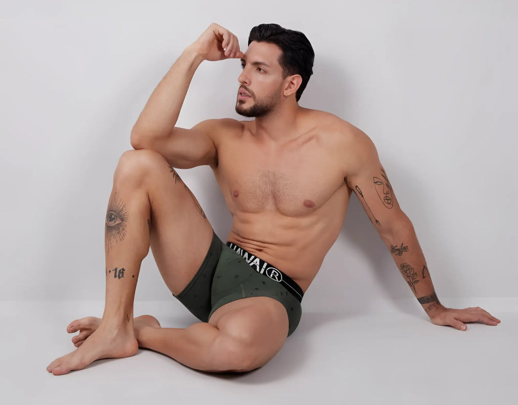 Olive green mens cotton blend boxer briefs with black waistband and white hanai branding hawair 42521 trunks