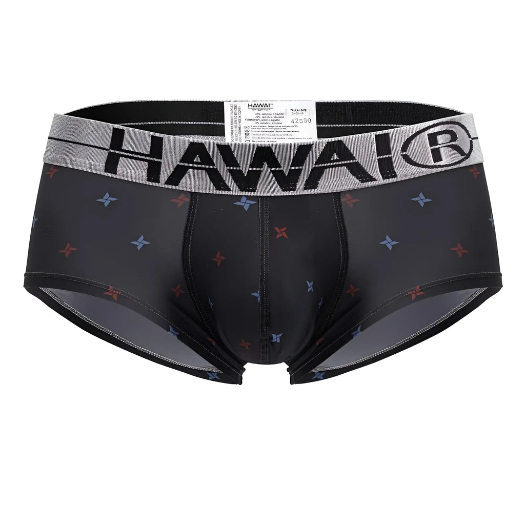 Black hawai men’s microfiber briefs in gray with gray waistband logo and red blue star patterns printed design