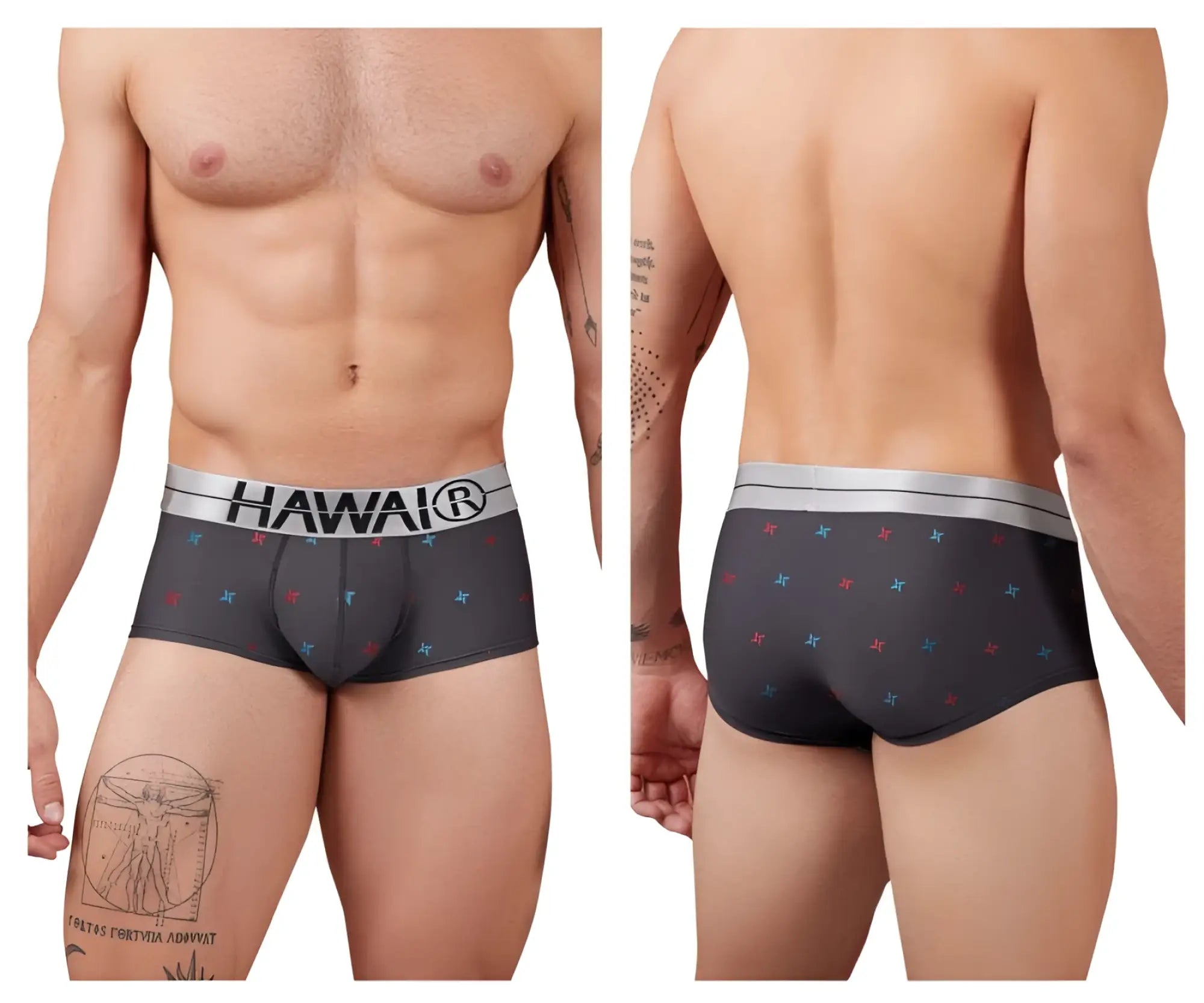 Gray hawai® boxers microfiber briefs with silver waistband and subtle red and blue star patterns for comfortable wear