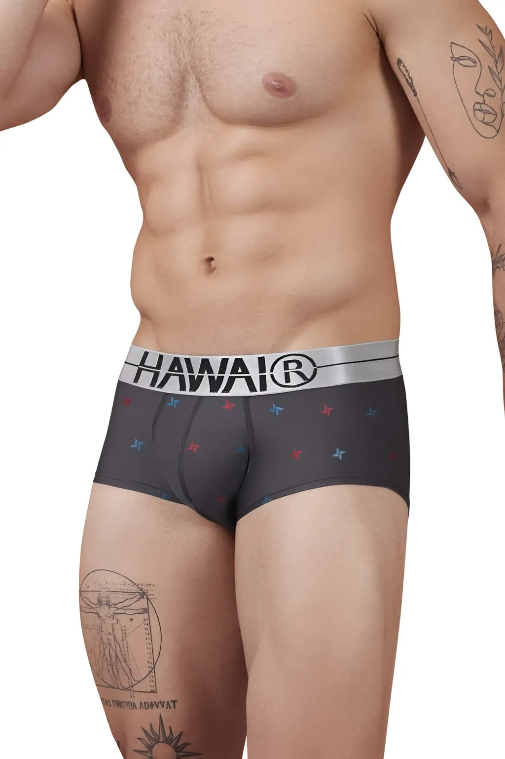 Black men’s gray hawair 42530 printed microfiber boxer briefs with silver hawair waistband and red blue star patterns