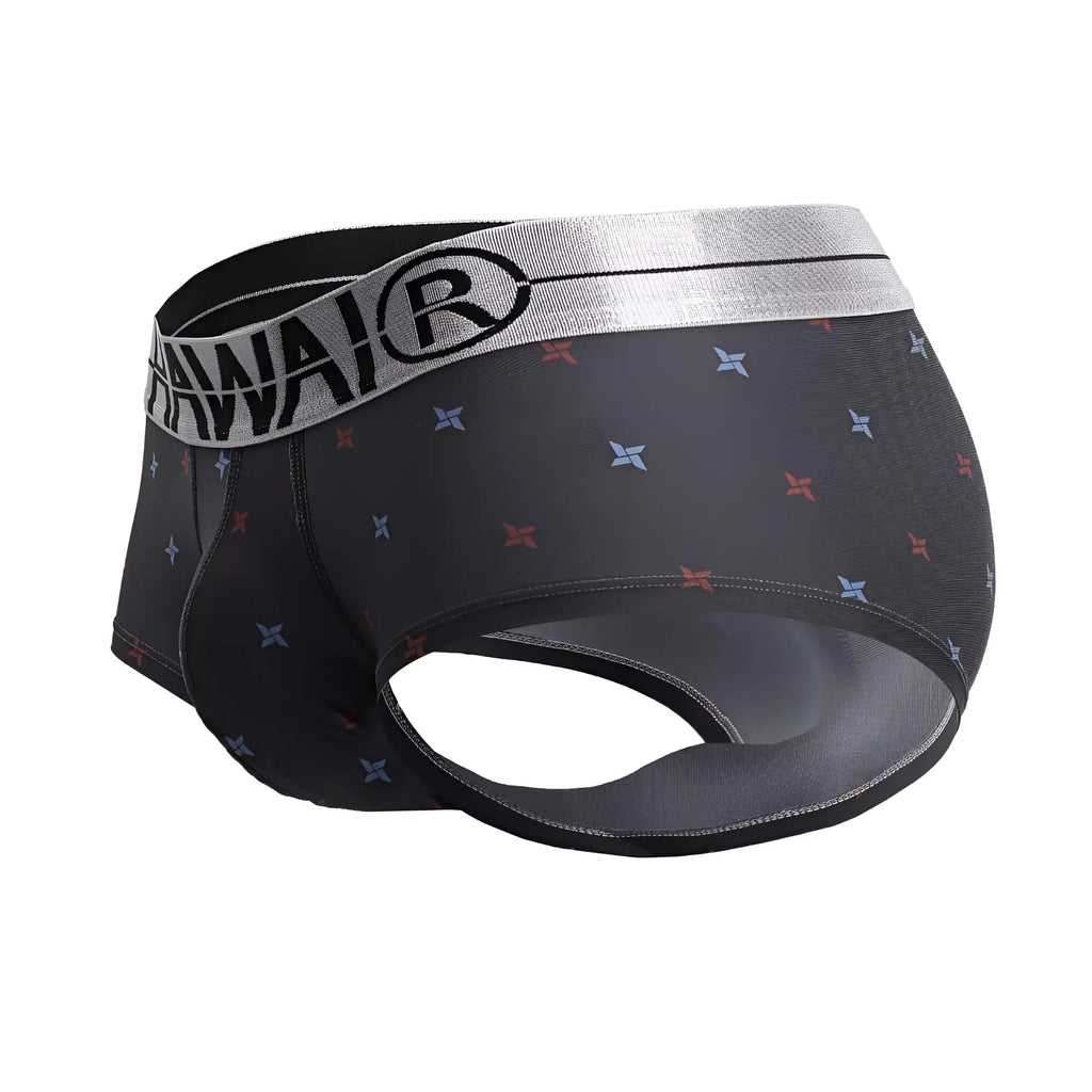 Black men’s microfiber briefs in gray with a silver hawai® waistband and red blue star patterns printed design
