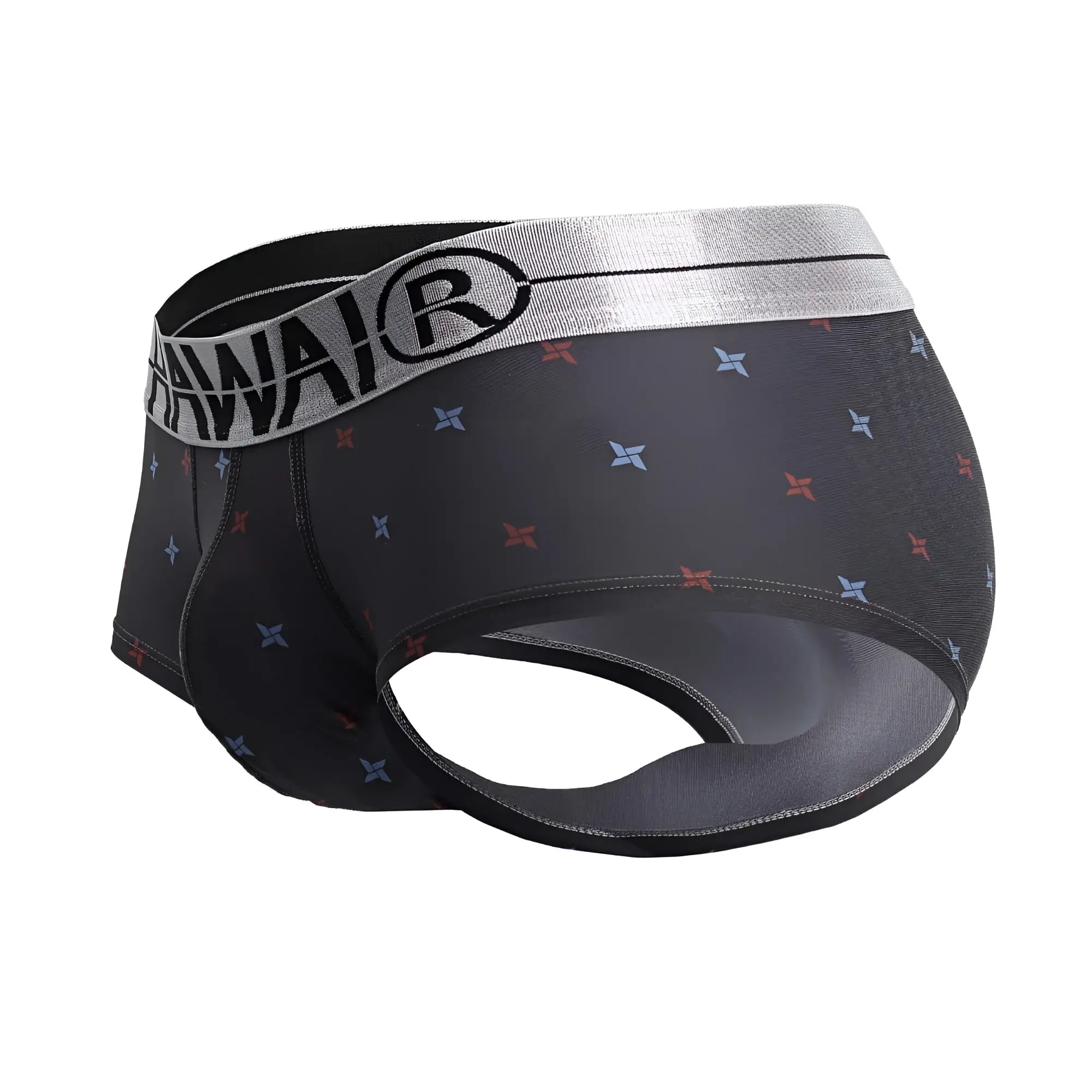 Black men’s microfiber briefs in gray with a silver hawai® waistband and red blue star patterns printed design