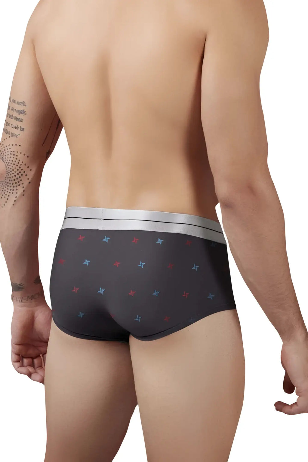 Hawaair 42530 printed microfiber briefs in gray with a subtle red and blue star pattern and a silver waistband