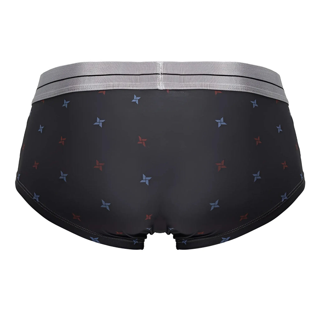 Black men’s HAWAIR 42530 printed microfiber briefs in gray with a gray waistband and red blue star pattern