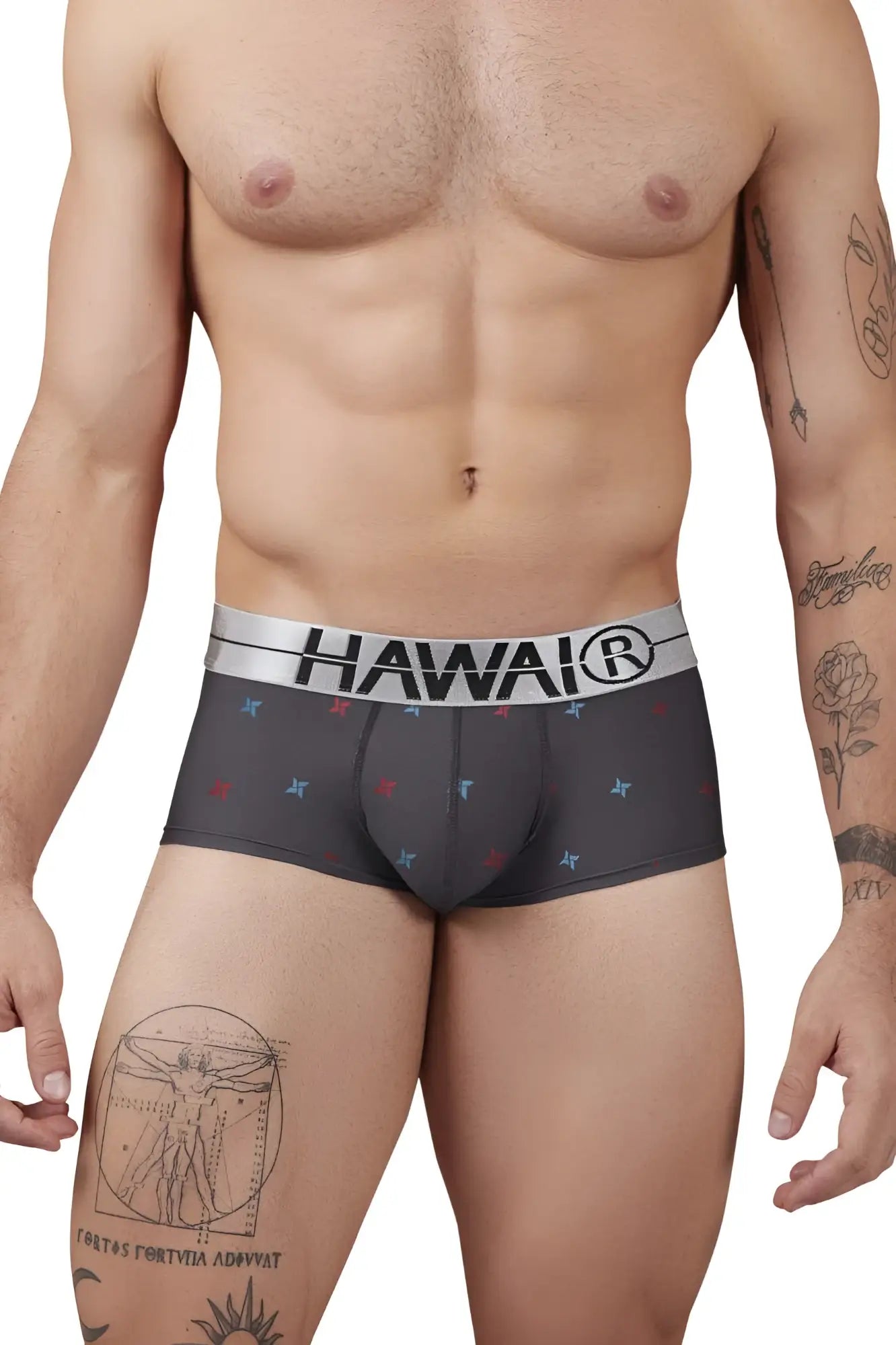 Dark gray hawair 42530 printed microfiber boxer briefs with silver waistband and red blue white star patterns