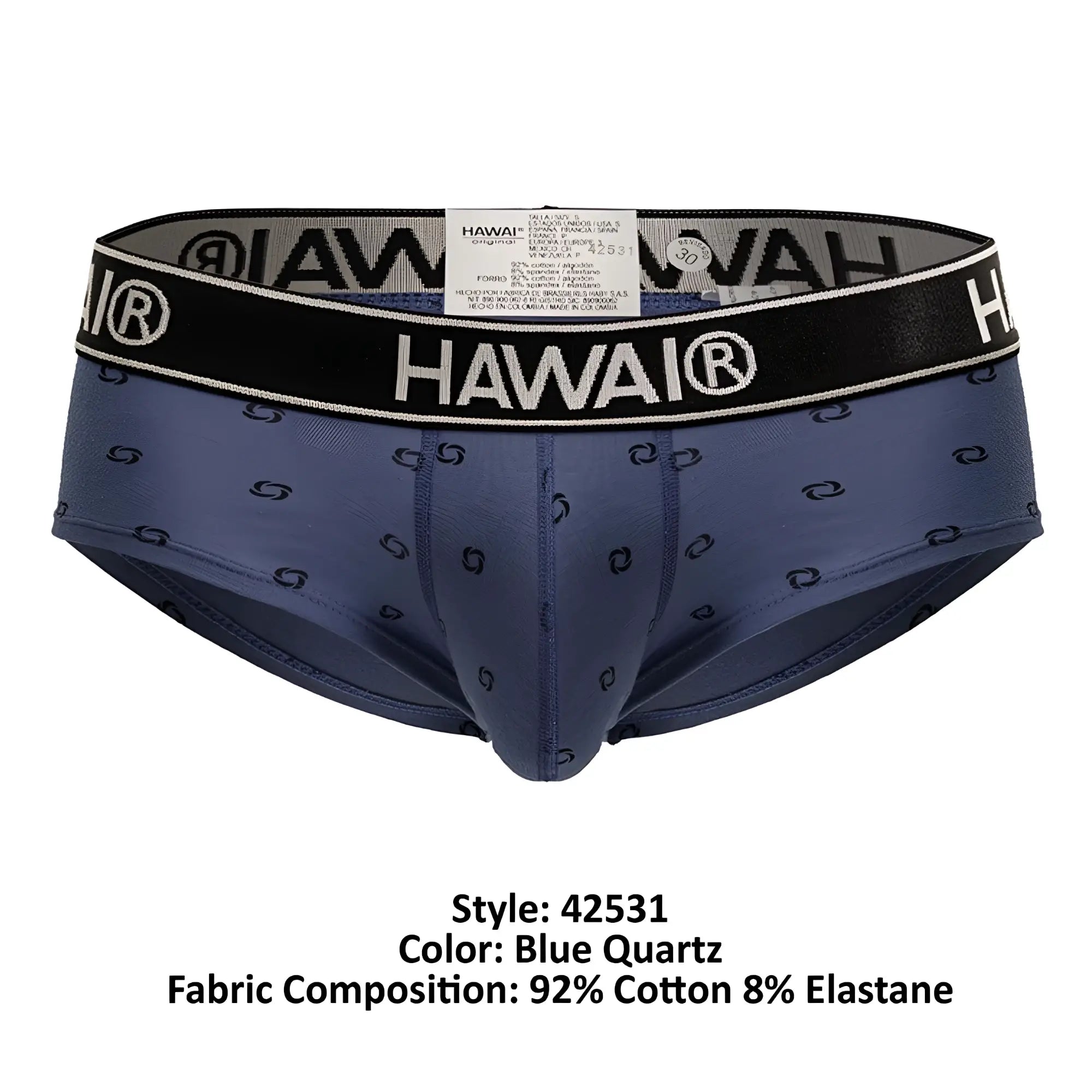 Hawai men’s briefs in blue quartz cotton blend with black s-shaped pattern and black waistband with white logo