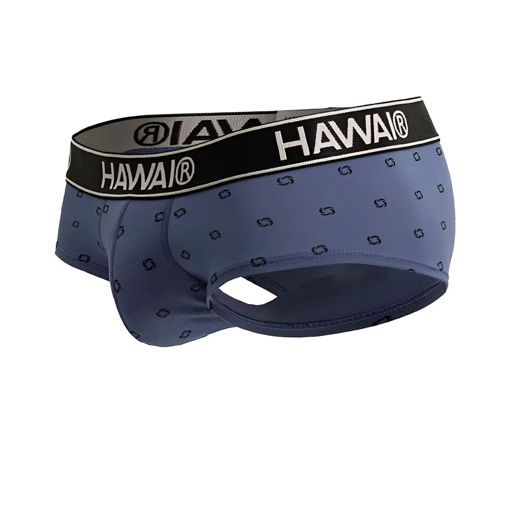Blue hawai men’s cotton blend briefs in blue quartz with black waistband and dark blue swirl patterns