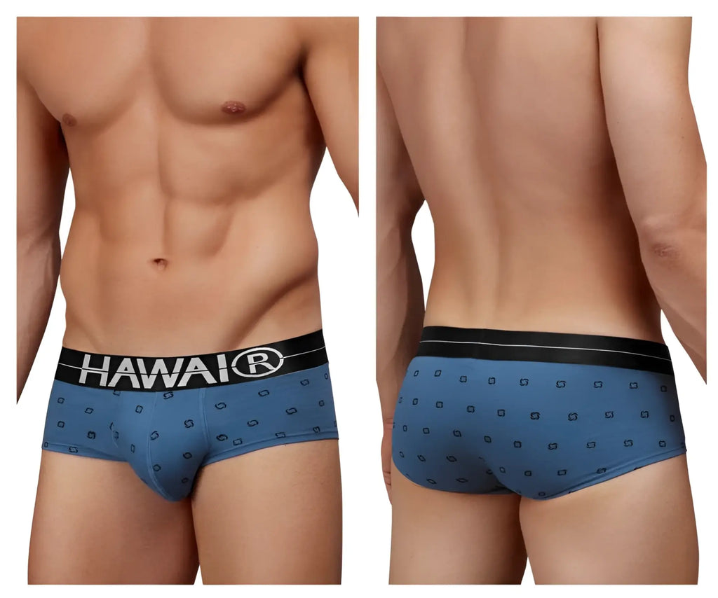 Blue hawaiian briefs in cotton blend with black waistband and hawai logo in white featuring dark geometric patterns