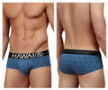 Blue hawaiian briefs in cotton blend with black waistband and hawai logo in white featuring dark geometric patterns