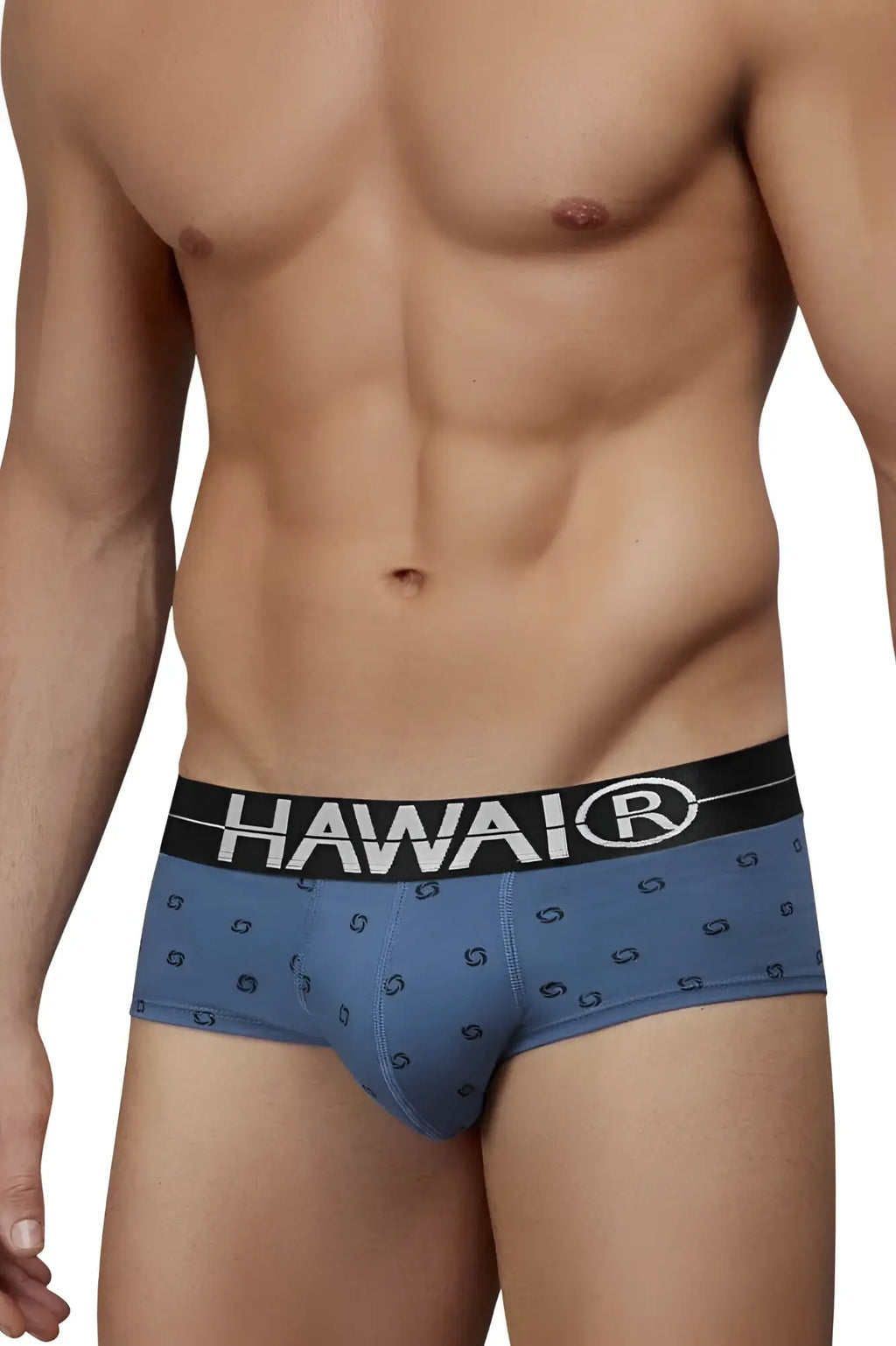 Blue hawaiian men’s briefs in cotton blend with black waistband featuring hawair brand name and geometric patterns