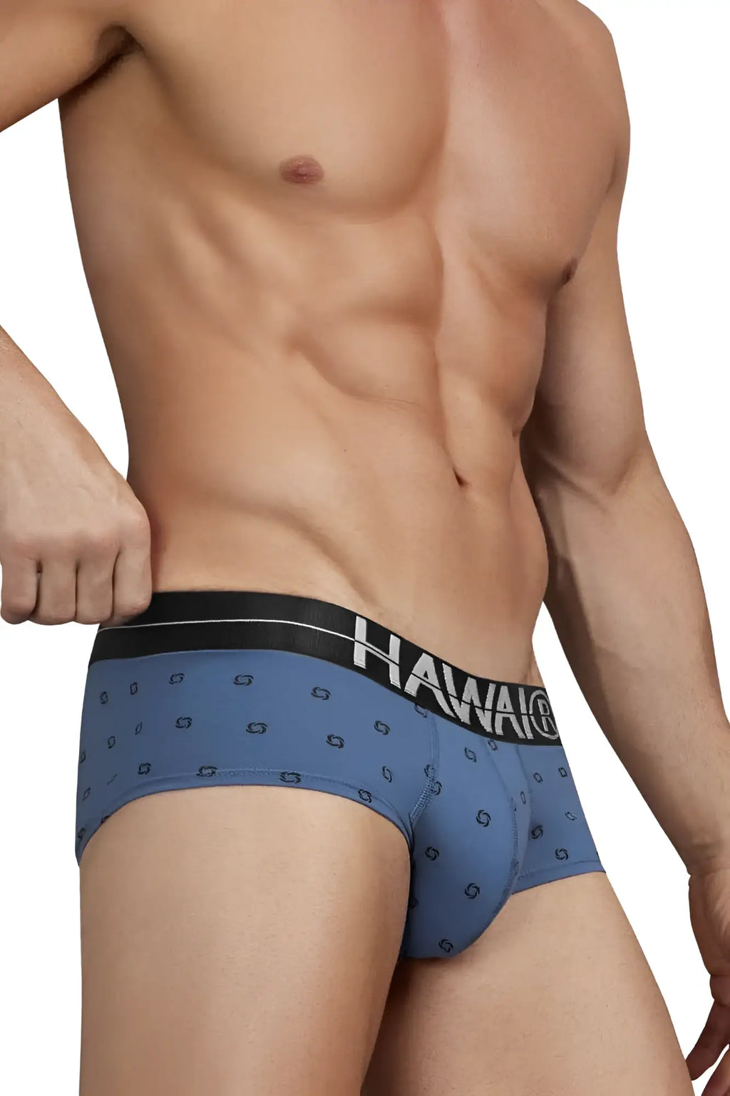 Blue hawaiian men’s briefs in cotton blend with black waistband and white hawair logo featuring geometric pattern