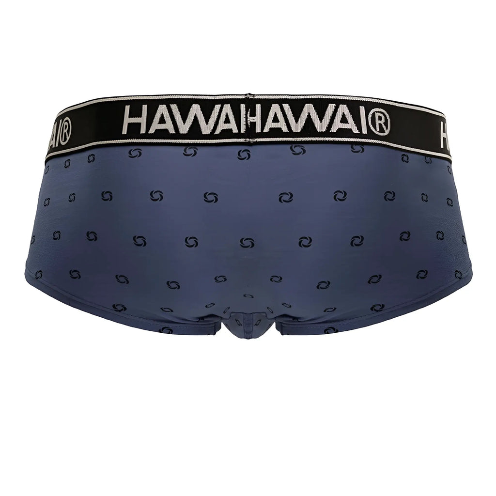 Navy blue cotton blend men’s briefs with black hawahawai logo waistband and swirl pattern in blue quartz color