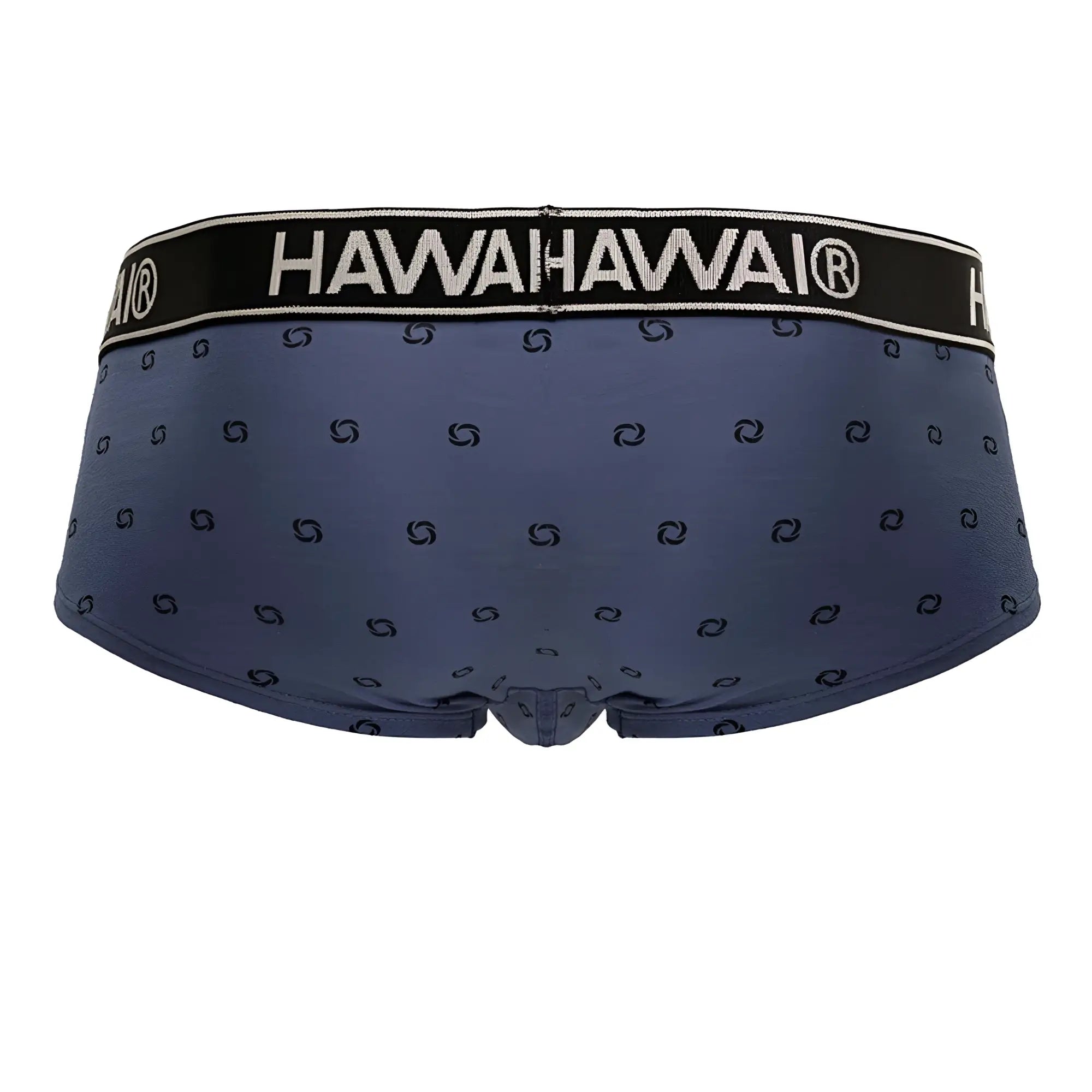 Navy blue cotton blend men’s briefs with black hawahawai logo waistband and swirl pattern in blue quartz color