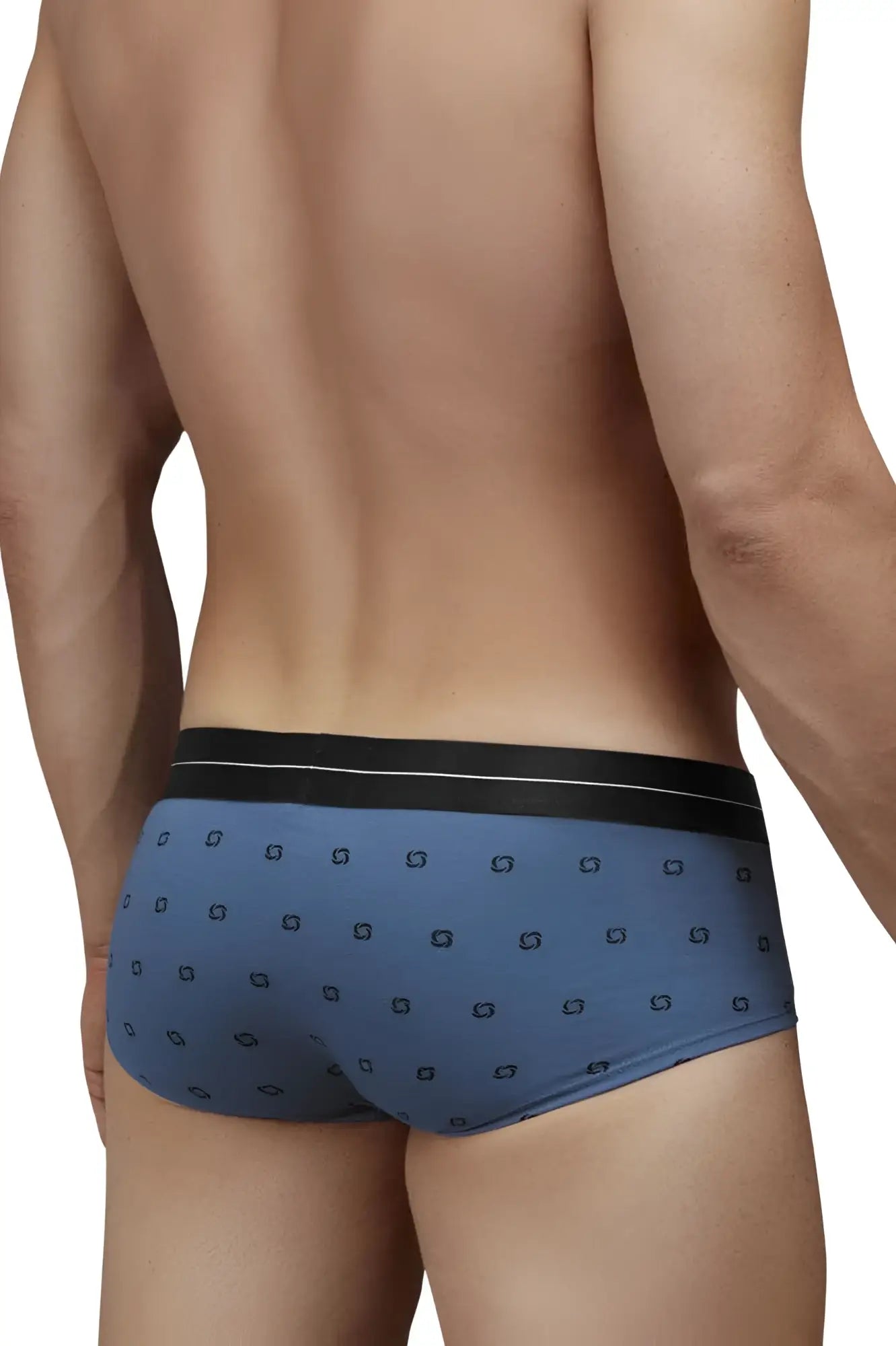Hawair 42531 cotton blend blue quartz briefs with a blue patterned design and black waistband with white stripes