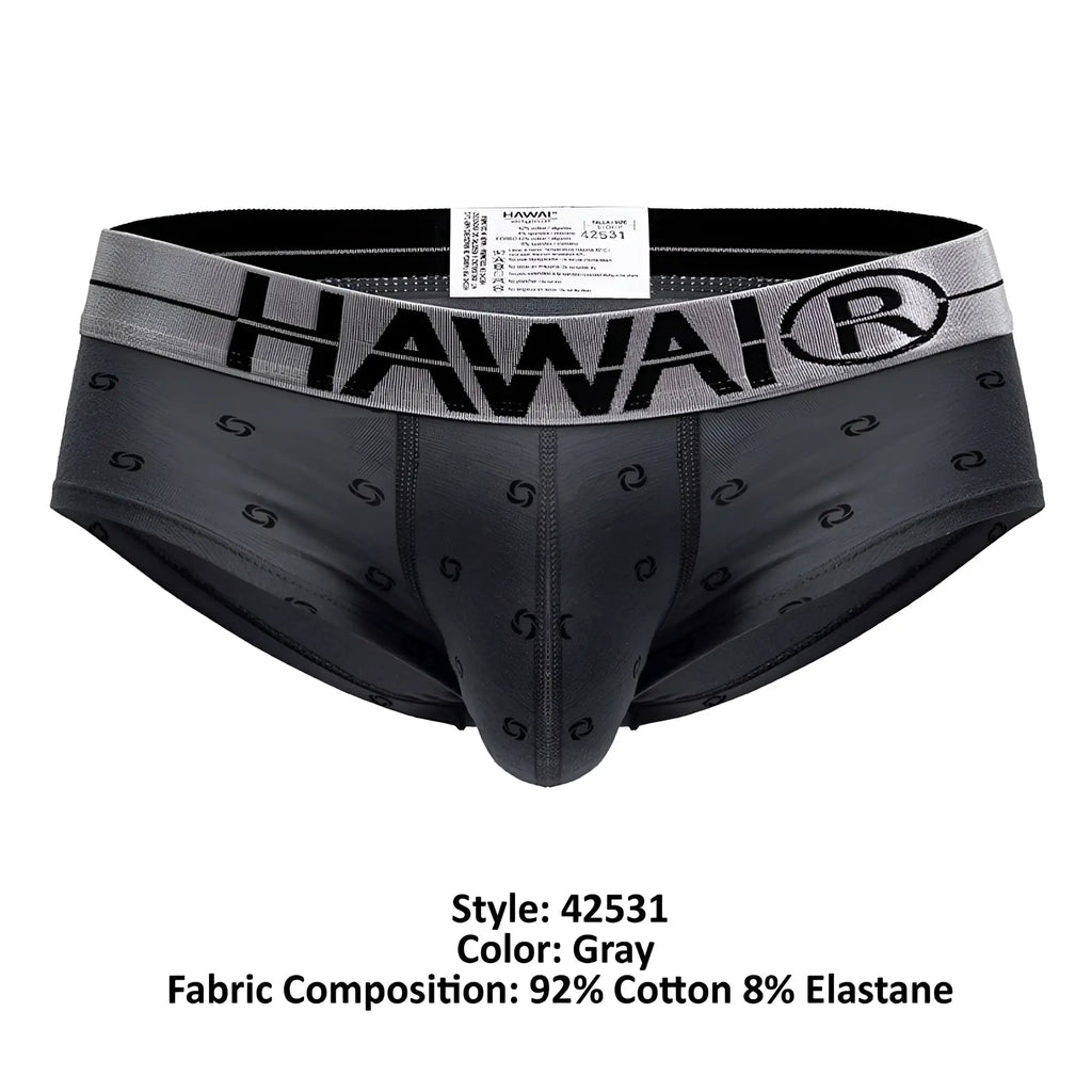 Gray hawai men’s cotton blend briefs with subtle s pattern and contrasting gray waistband featuring brand logo