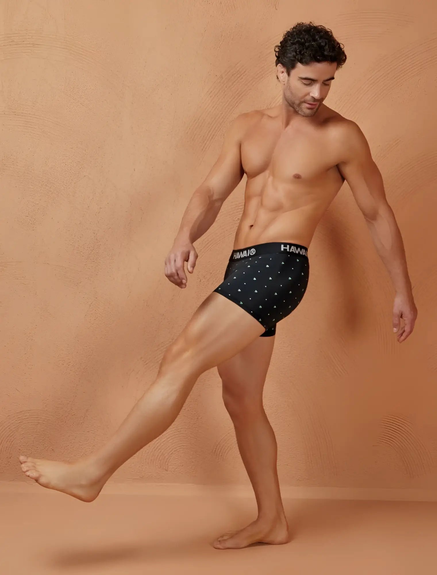 Black h&m mens microfiber briefs with white polka dots hawair 42570 trunks in black color front view