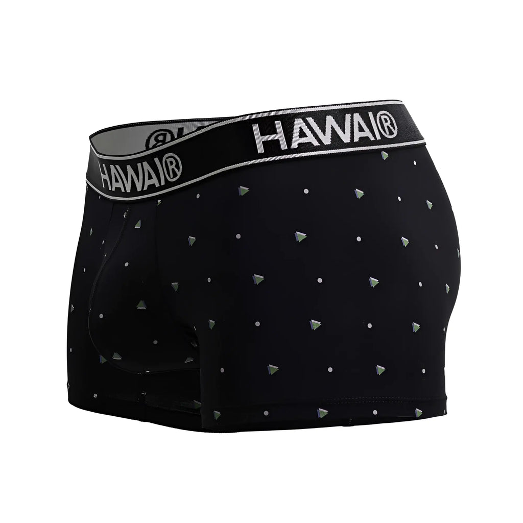 Black hawai boxer briefs in black microfiber featuring silver triangular studs and small white dots pattern