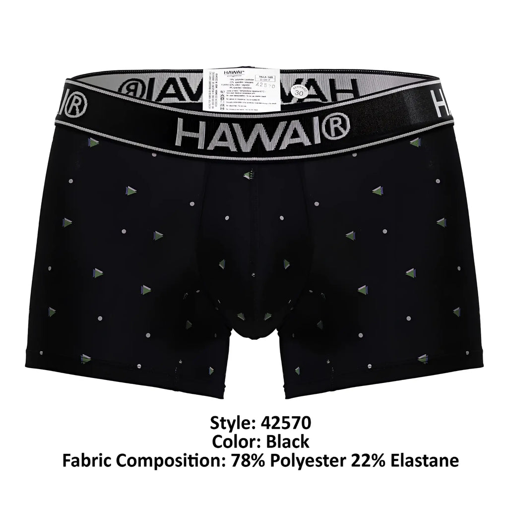 Black hawai boxer briefs in microfiber with silver triangle and dot pattern and elastic waistband printed with brand name
