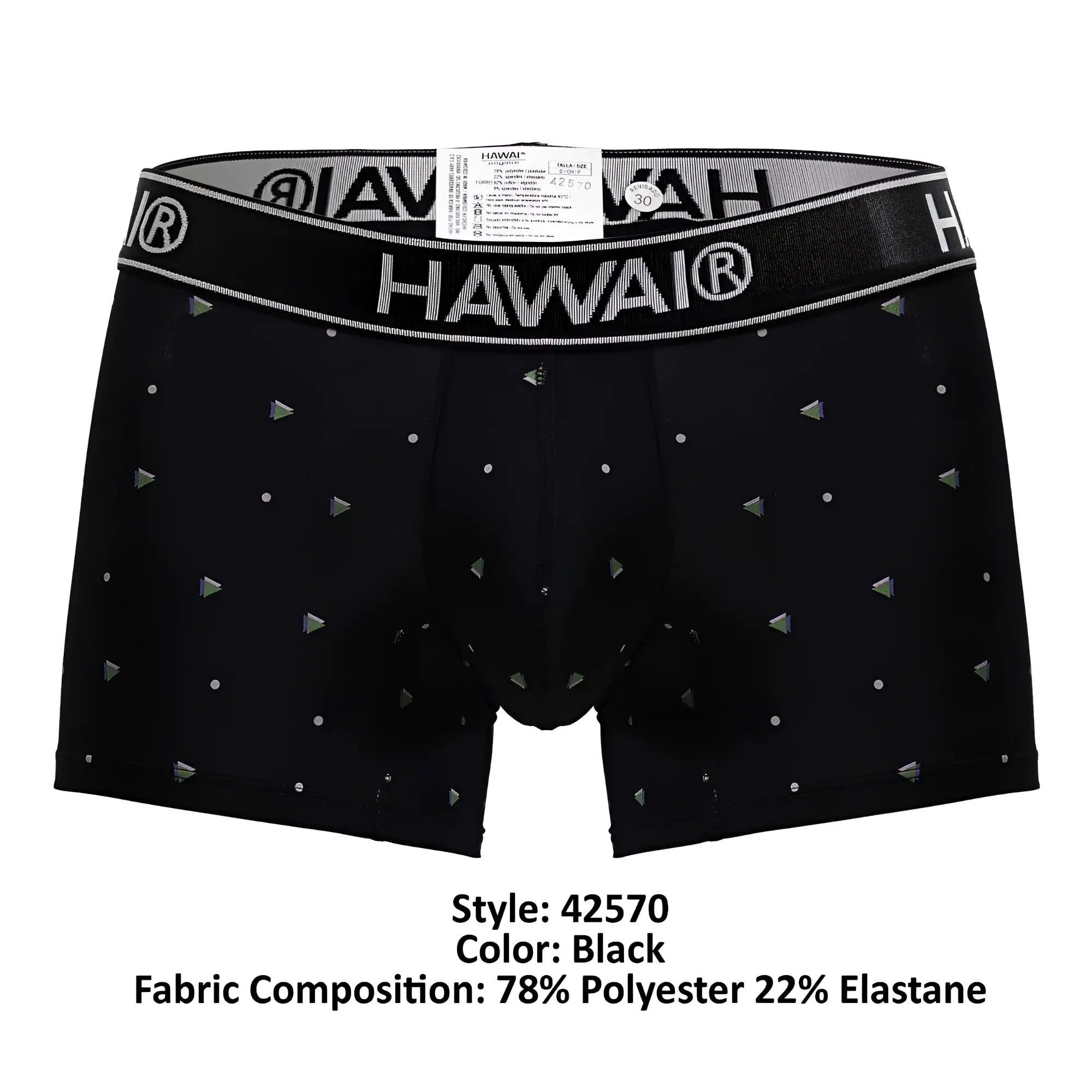 Black hawai boxer briefs in microfiber with silver triangle and dot pattern and elastic waistband printed with brand name