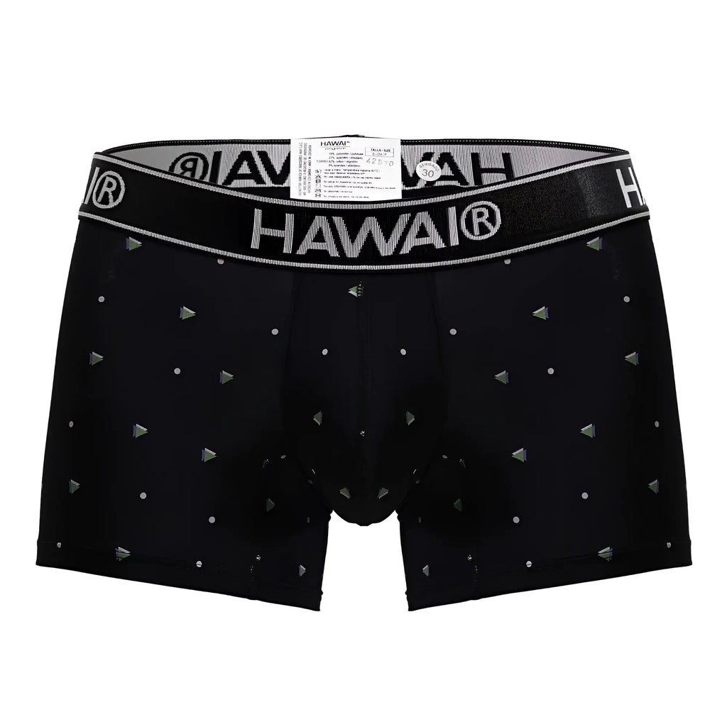 Black hawai boxer briefs microfiber trunks in black with silver logo band and metallic triangle and dot patterns