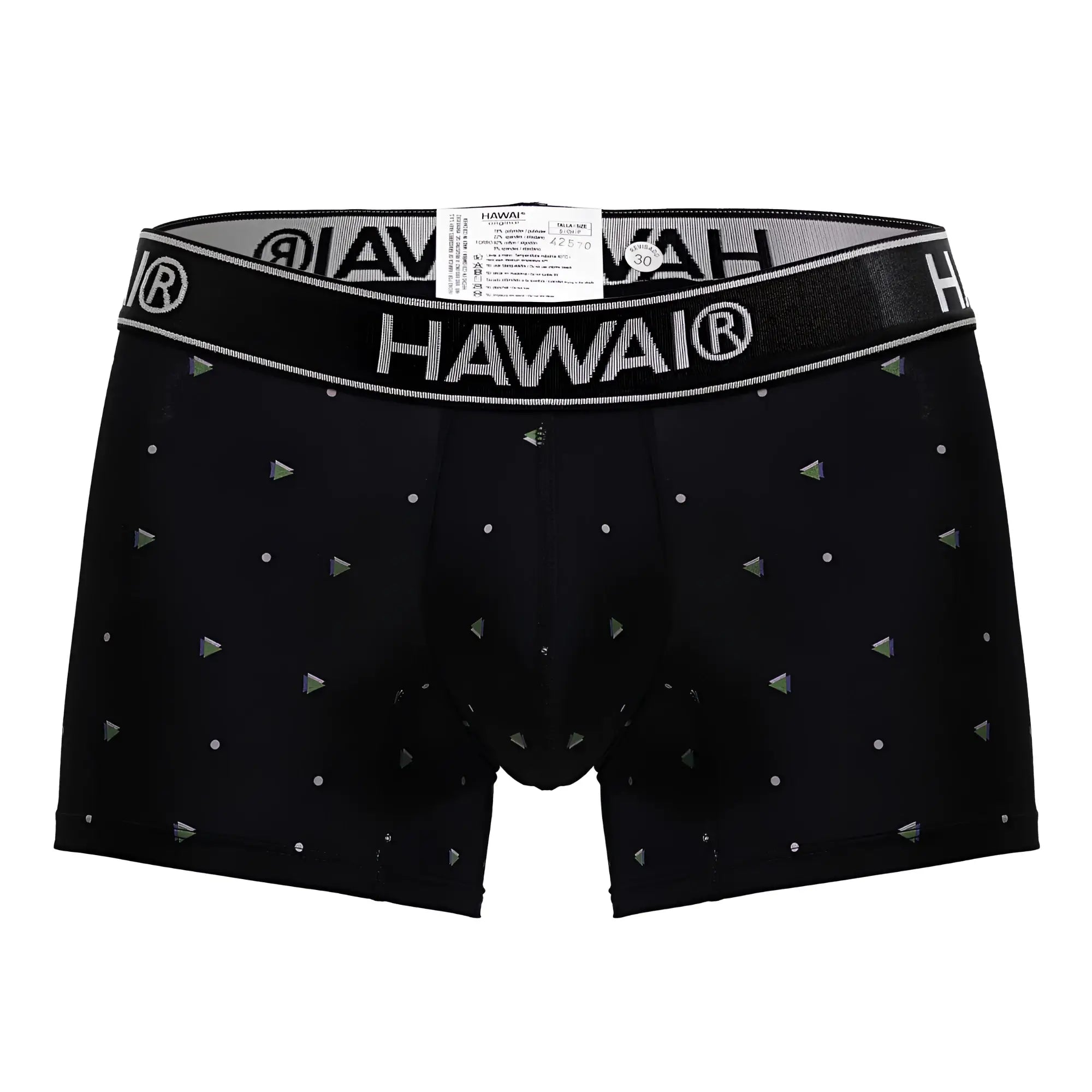 Black hawai boxer briefs microfiber trunks in black with silver logo band and metallic triangle and dot patterns
