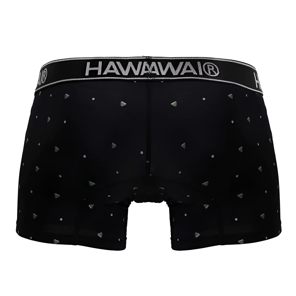Black hawaii boxer briefs in black microfiber with silver triangular and dot pattern for comfortable support