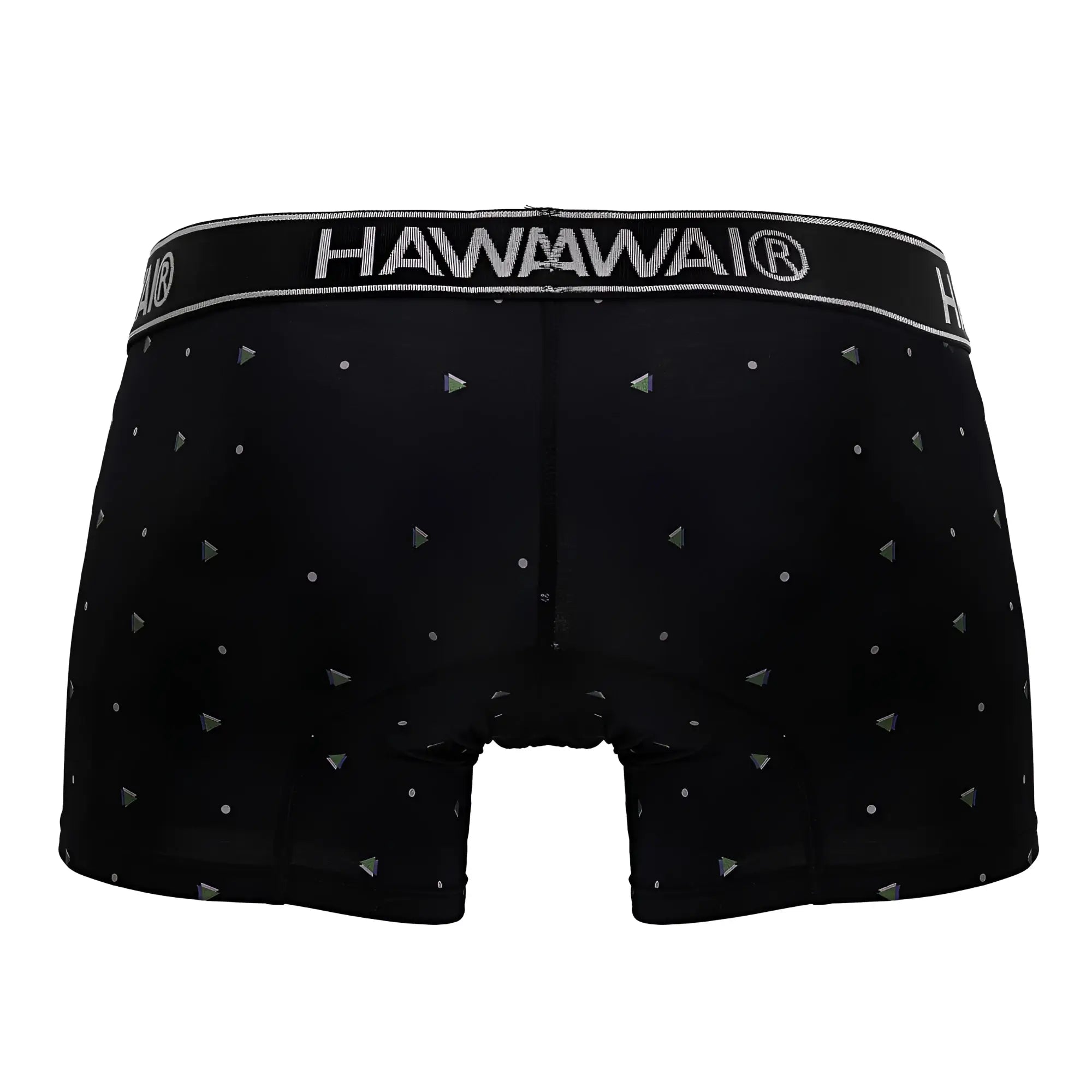 Black hawaii boxer briefs in black microfiber with silver triangular and dot pattern for comfortable support