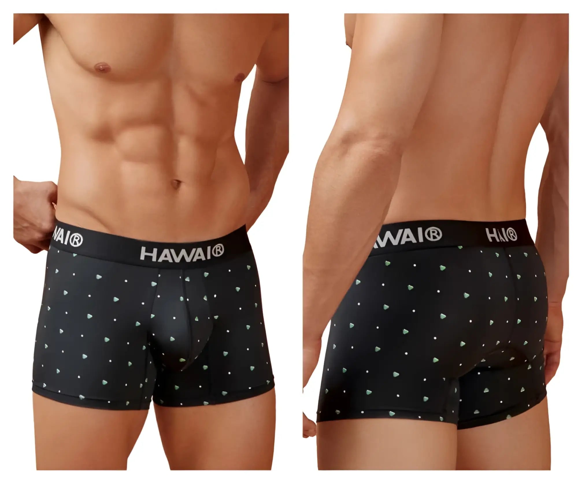Black hawaiian boxer briefs with white triangle and dot pattern microfiber trunks with hawair logo waistband