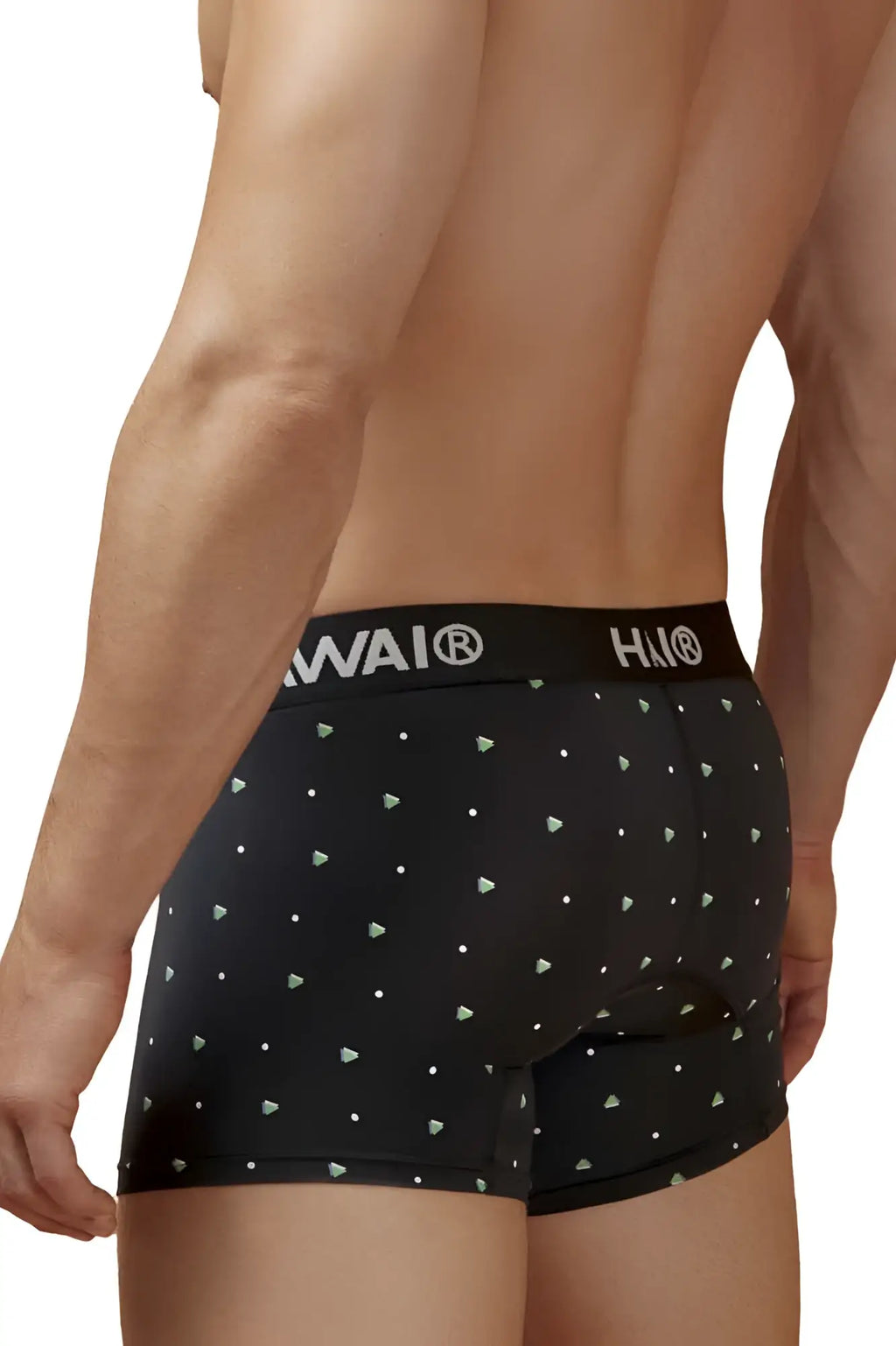 Black mens microfiber boxer briefs in black with light green and white triangle pattern and hawai branded waistband