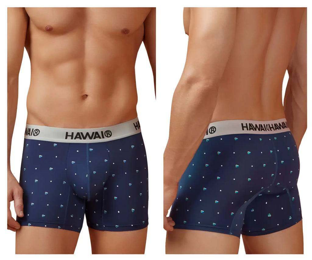 Navy blue hawaii microfiber boxer briefs with subtle diamond pattern and white elastic waistband for comfortable wear