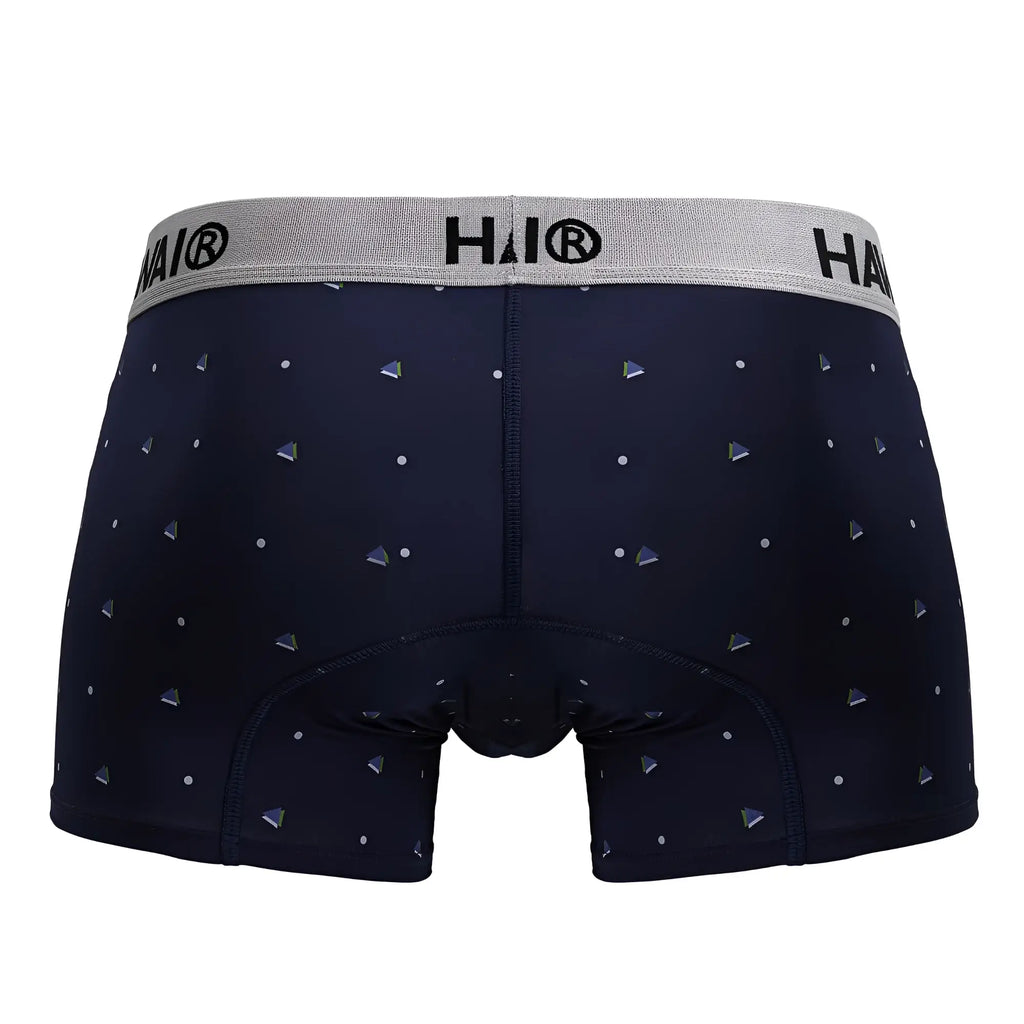 Dark navy microfiber boxer briefs with silver triangle pattern and gray hai branded waistband from hawair 42570