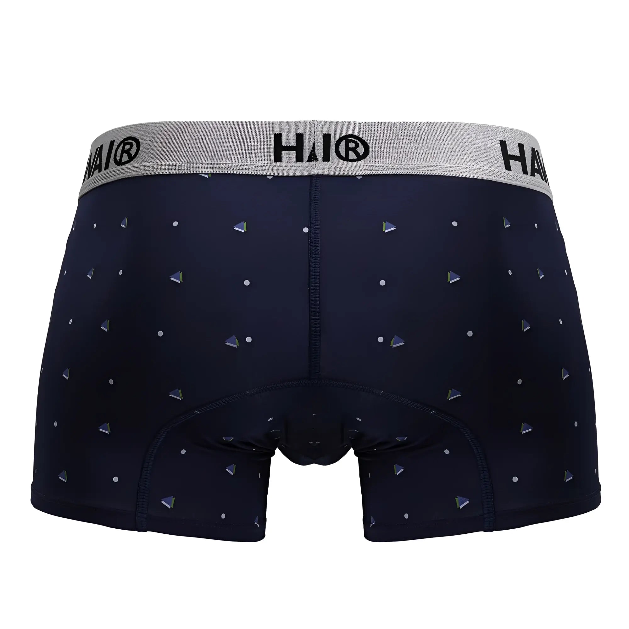 Dark navy microfiber boxer briefs with silver triangle pattern and gray hai branded waistband from hawair 42570