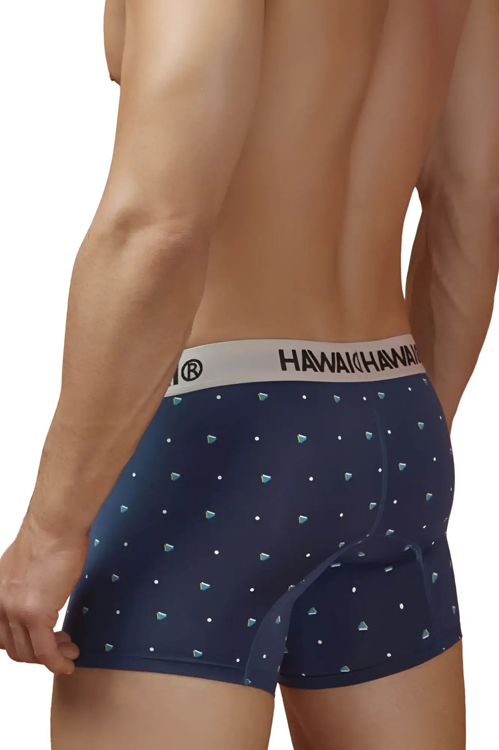 Navy blue hawair 42570 microfiber boxer briefs with light teal diamond pattern white dot accents and white hawaiian waistband