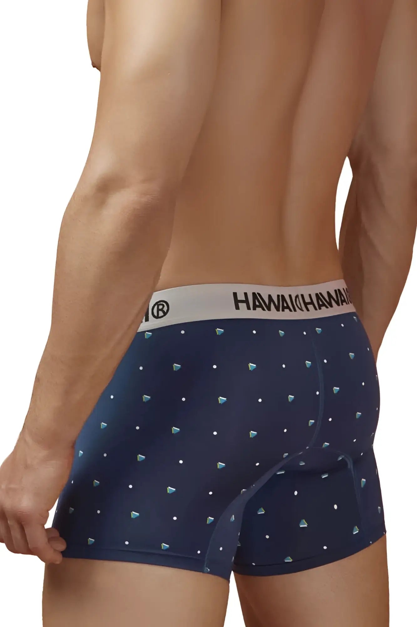 Navy blue hawair 42570 microfiber boxer briefs with light teal diamond pattern white dot accents and white hawaiian waistband
