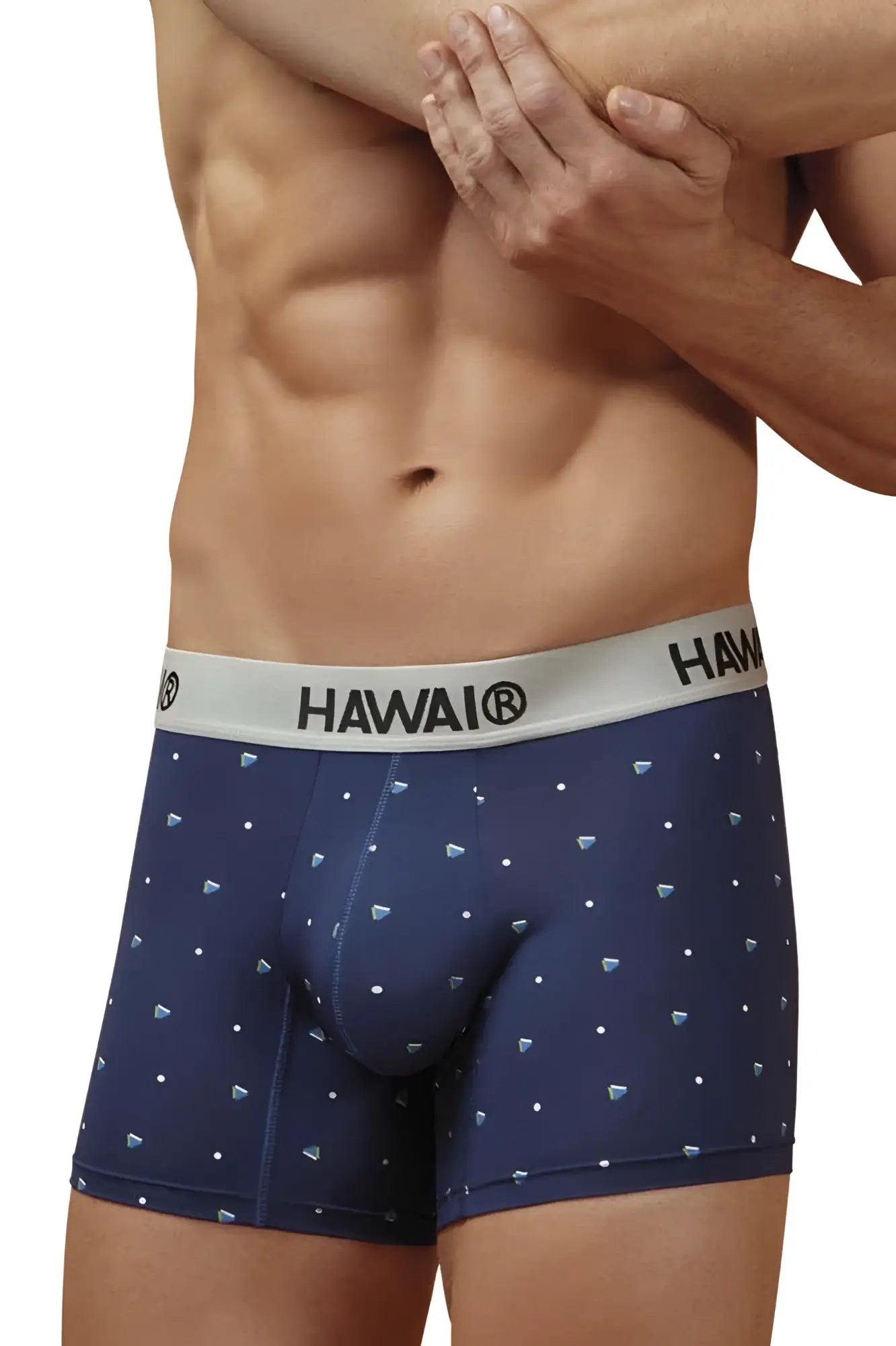 Navy blue hawair 42570 microfiber boxer briefs with white diamond pattern and gray hawaii branded waistband