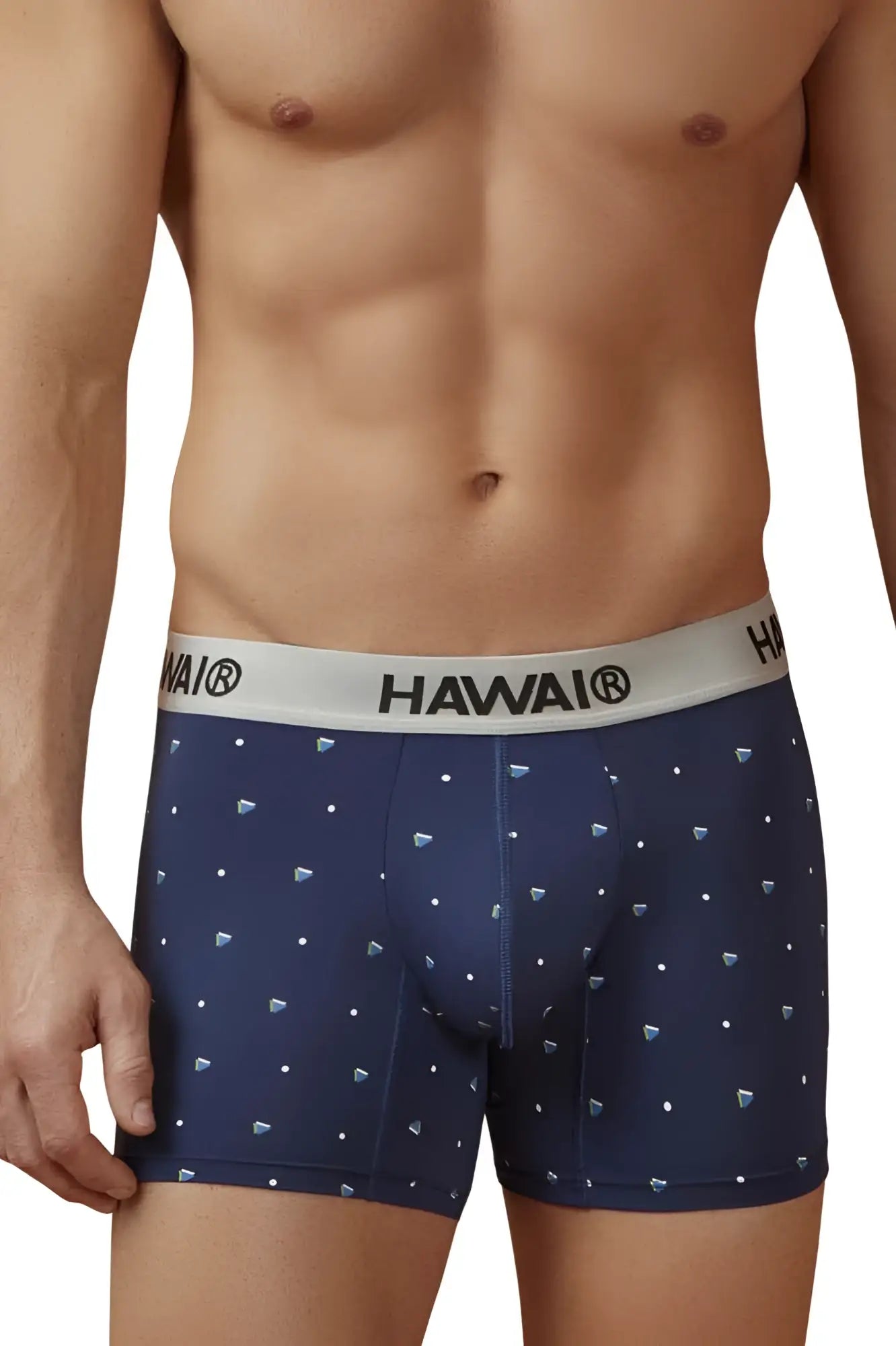 Navy blue microfiber boxer briefs with white hawai waistband and small diamond patterns for comfortable wear