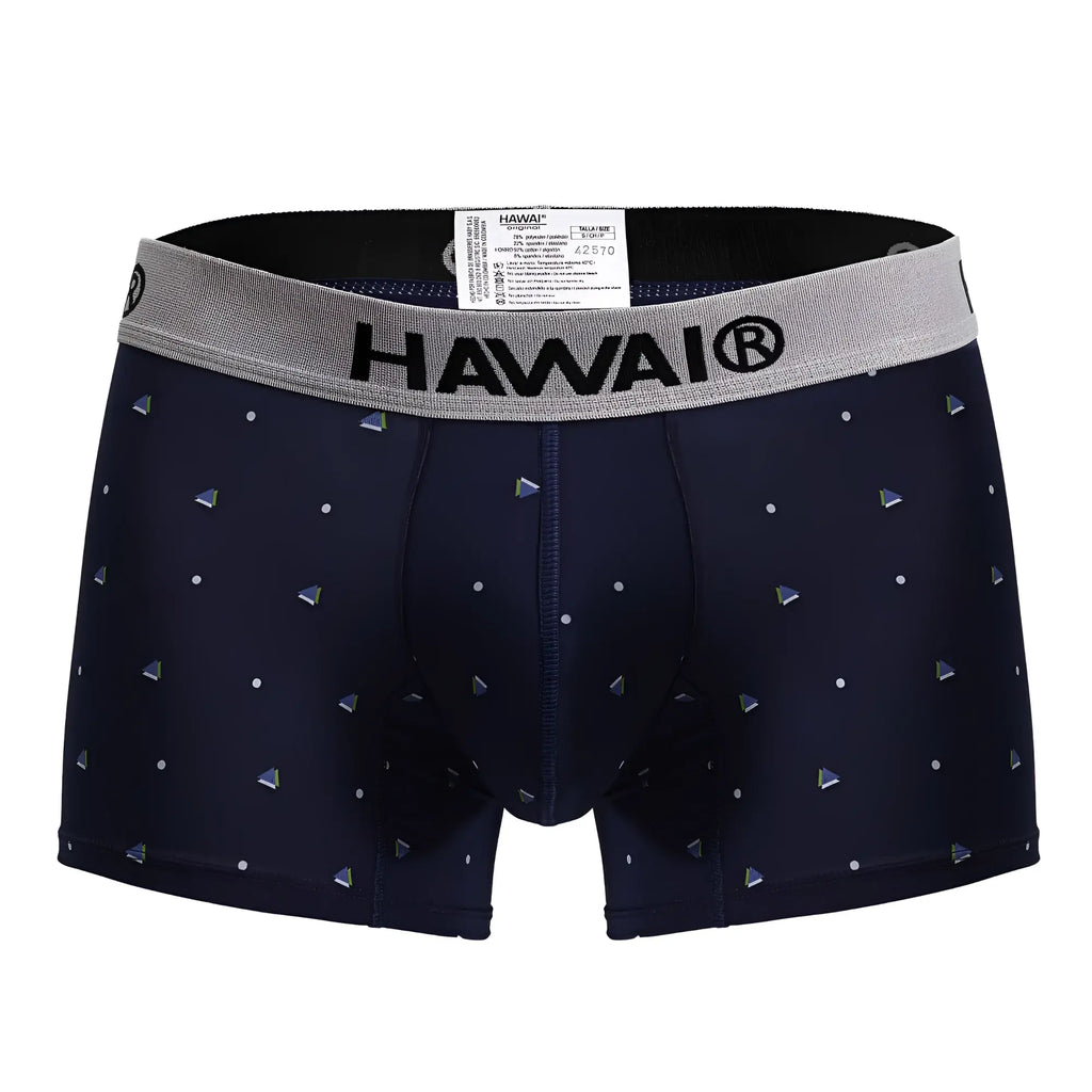 Navy blue hawaii brand microfiber trunks with gray waistband and silver triangular patterns model hawair 42570