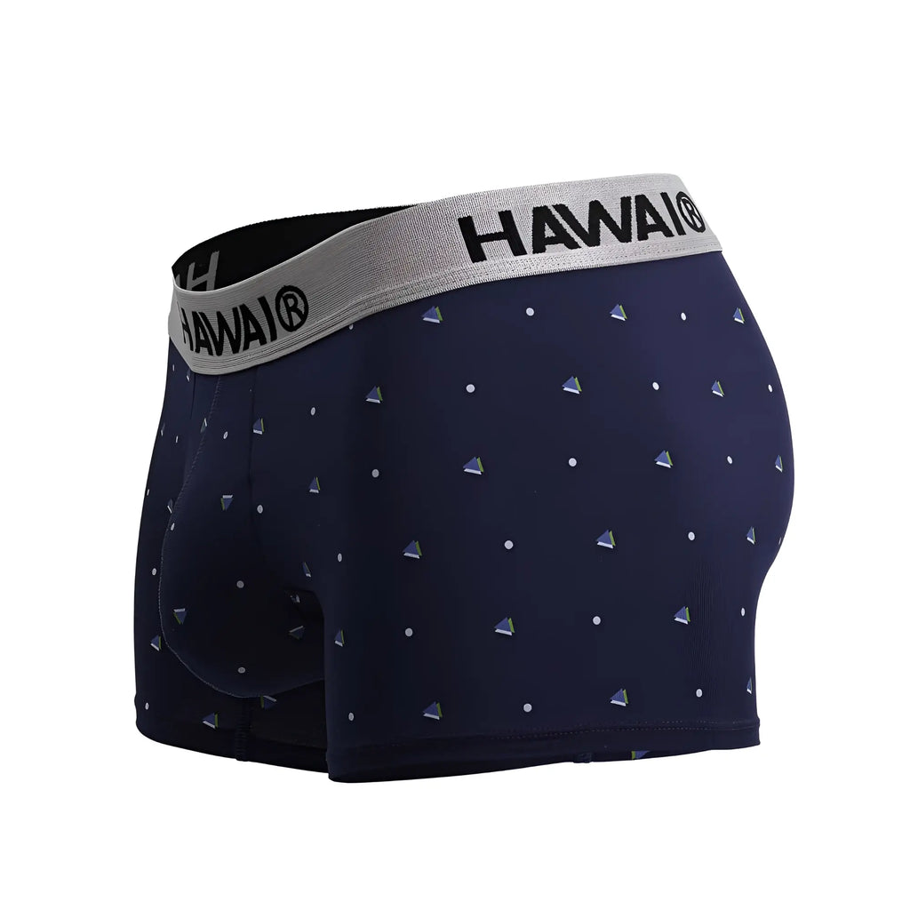 Navy blue hawaair 42570 microfiber trunks with gray waistband and silver white triangular dot patterns for men