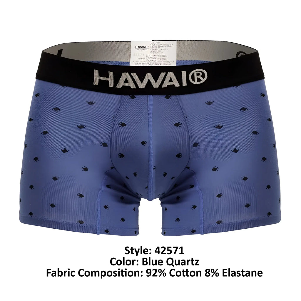 Blue quartz men’s boxer briefs with black waistband featuring hawai logo made from 92% cotton 8% elastane