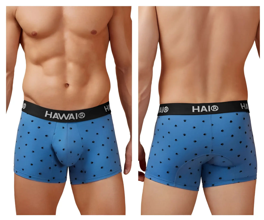 Blue hai boxer briefs with black palm tree patterns and black waistband in blue quartz cotton blend trunks