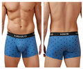 Blue hai boxer briefs with black palm tree patterns and black waistband in blue quartz cotton blend trunks
